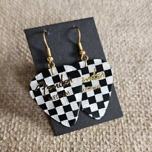 Fender Black & White Checkered Guitar Pick Earrings with Gold Accents